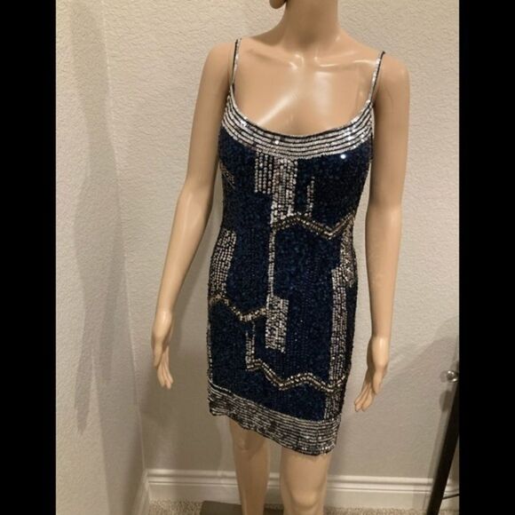 Vintage Scala silk blue and silver sequin dress w/ adjustable spaghetti straps - Picture 1 of 3